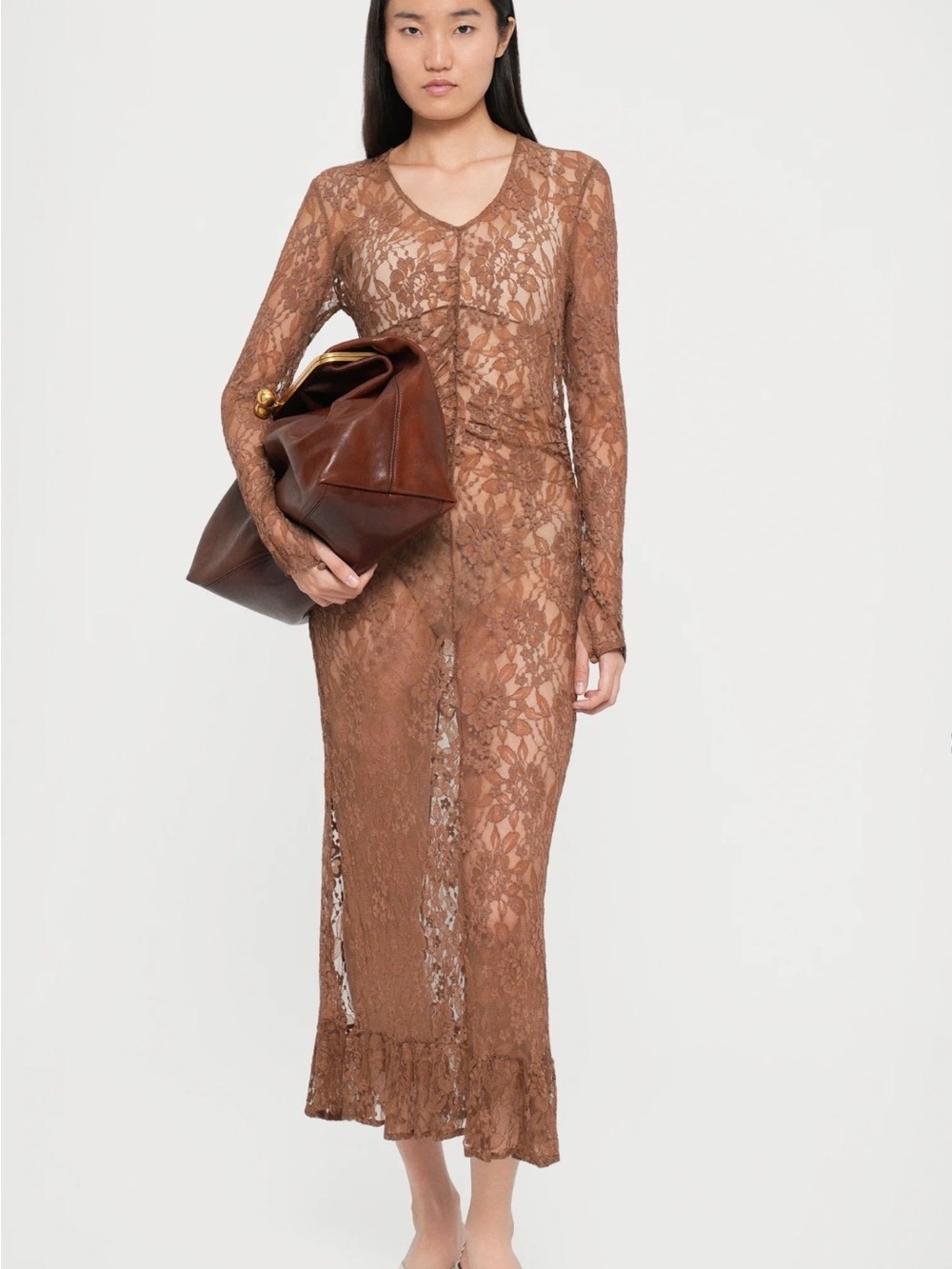 Baum und pferdgarten Sheer Brown Lace Long Sleeve Midi Dress size US 6
